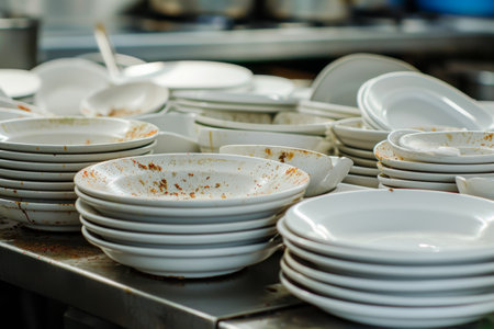 lots of dirty white plates in restaurant.の素材