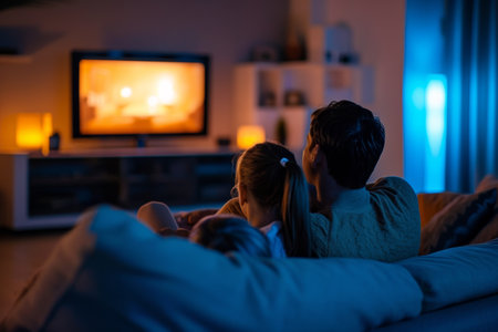 family watching tv together at home.の素材