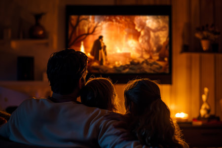 family watching tv together at home.の素材
