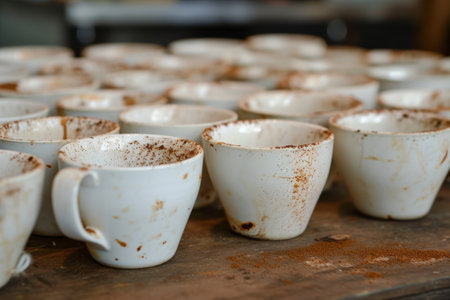 lots of empty dirty white coffee cups,we are hiring.の素材