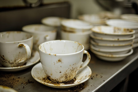 lots of empty dirty white coffee cups,we are hiring.の素材