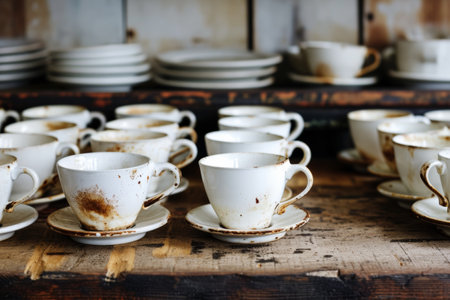 lots of empty dirty white coffee cups,we are hiring.の素材