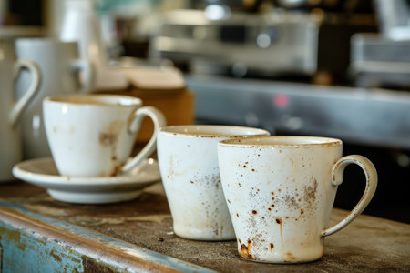 lots of empty dirty white coffee cups,we are hiring.の素材