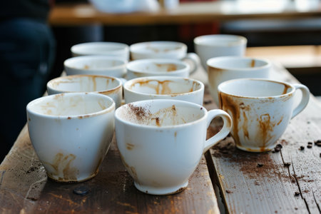 lots of empty dirty white coffee cups,we are hiring.の素材