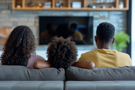 family watching tv together at home.の素材