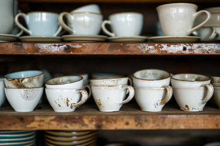 lots of empty dirty white coffee cups,we are hiring.の素材