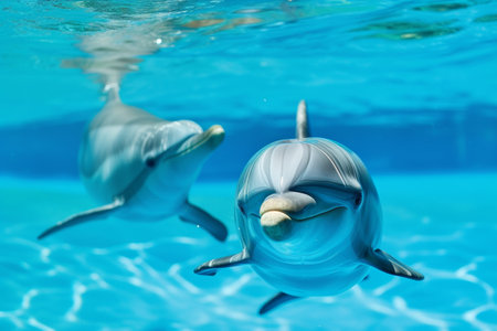 smiling dolphin in blue water, dolphin and human.の素材