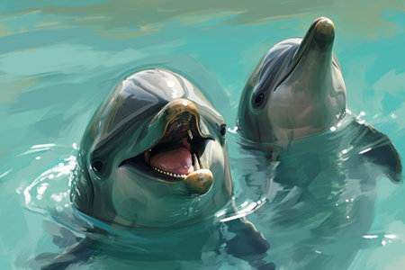 smiling dolphin in blue water, dolphin and human.の素材
