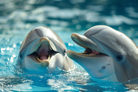 smiling dolphin in blue water, dolphin and human.の素材