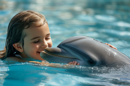 smiling dolphin in blue water, dolphin and human.の素材