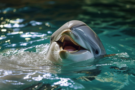 smiling dolphin in blue water, dolphin and human.の素材