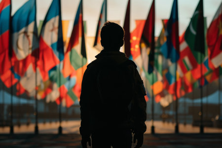 figure of human refugee with suitcases coloring with different world flags of countries.の素材