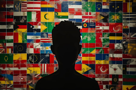 figure of human refugee with suitcases coloring with different world flags of countries.の素材