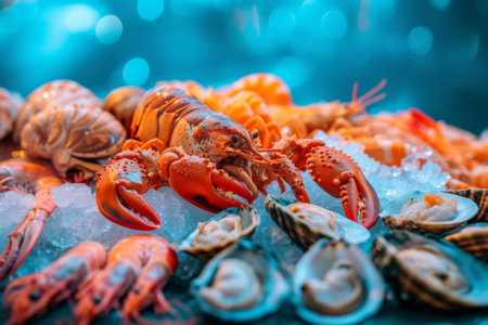 seafood on the showcase on the blue sea background.の素材