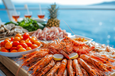 seafood on the showcase on the blue sea background.の素材