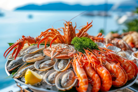 seafood on the showcase on the blue sea background.の素材