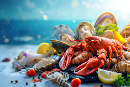 seafood on the showcase on the blue sea background.の素材