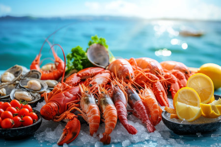 seafood on the showcase on the blue sea background.の素材