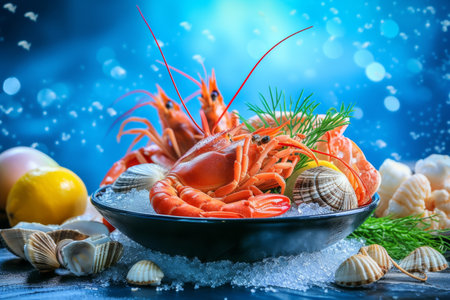 seafood on the showcase on the blue sea background.の素材