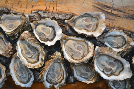 lots of oysters on a plate, in the style of nature-based patterns,flatlayの素材