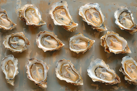 lots of oysters on a plate, in the style of nature-based patterns,flatlayの素材