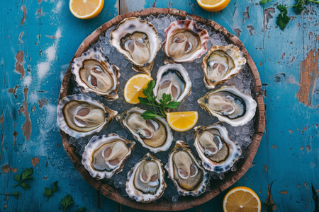 lots of oysters on a plate, in the style of nature-based patterns,flatlayの素材