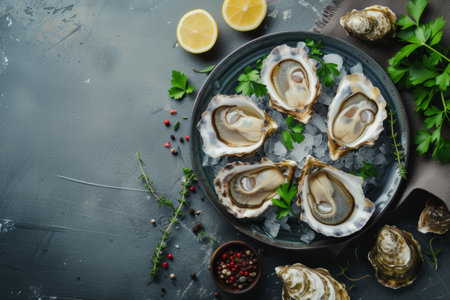 lots of oysters on a plate, in the style of nature-based patterns,flatlayの素材