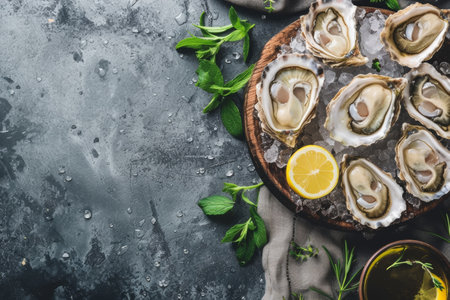 lots of oysters on a plate, in the style of nature-based patterns,flatlayの素材