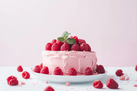 raspberry cake with raspberries, in the style of light pink.の素材