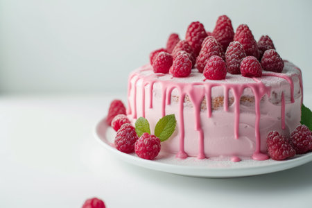 raspberry cake with raspberries, in the style of light pink.の素材