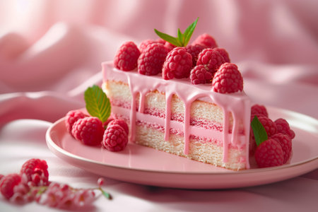 raspberry cake with raspberries, in the style of light pink.の素材