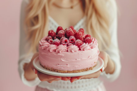 raspberry cake with raspberries, in the style of light pink.の素材