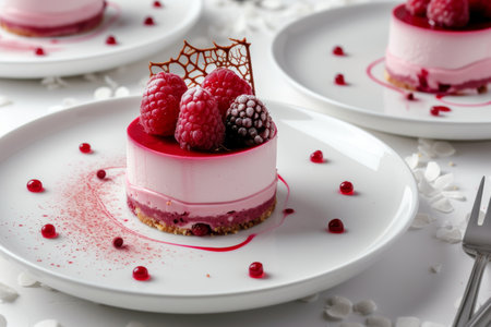 raspberry cake with raspberries, in the style of light pink.の素材