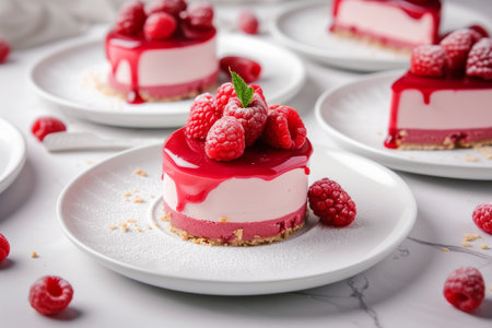 raspberry cake with raspberries, in the style of light pink.の素材
