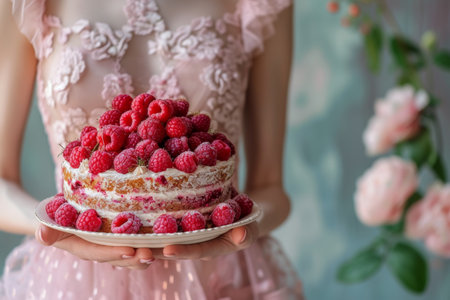 raspberry cake with raspberries, in the style of light pink.の素材