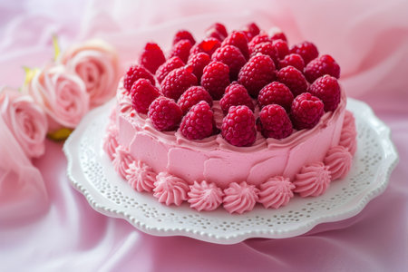 raspberry cake with raspberries, in the style of light pink.の素材