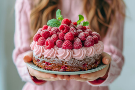 raspberry cake with raspberries, in the style of light pink.の素材