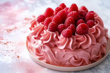 raspberry cake with raspberries, in the style of light pink.の素材