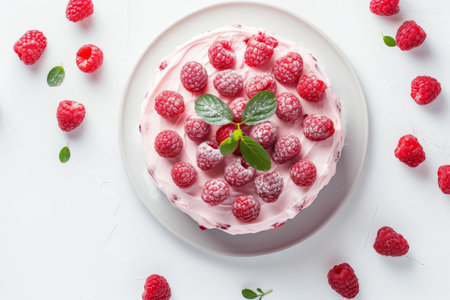 raspberry cake with raspberries, in the style of light pink.の素材