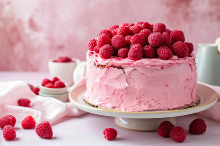 raspberry cake with raspberries, in the style of light pink.の素材
