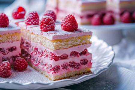 raspberry cake with raspberries, in the style of light pink.の素材