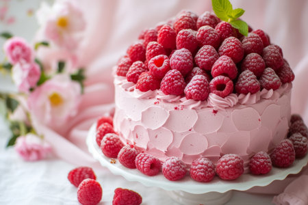 raspberry cake with raspberries, in the style of light pink.の素材