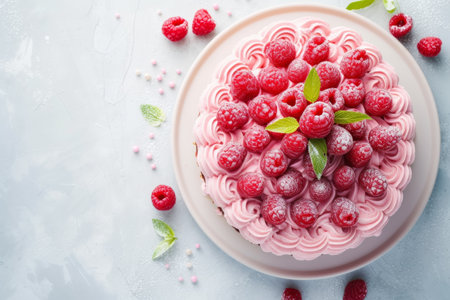 raspberry cake with raspberries, in the style of light pink.の素材