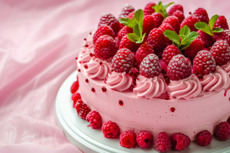 raspberry cake with raspberries, in the style of light pink.の素材