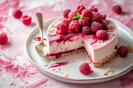 raspberry cake with raspberries, in the style of light pink.の素材