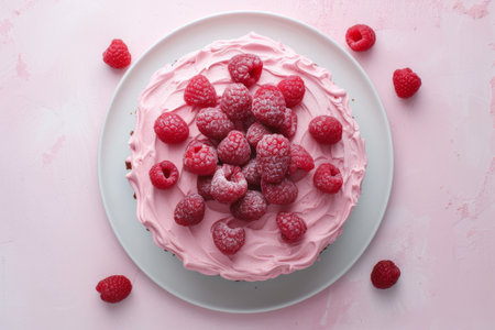 raspberry cake with raspberries, in the style of light pink.の素材