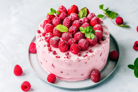 raspberry cake with raspberries, in the style of light pink.の素材