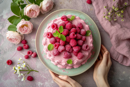 raspberry cake with raspberries, in the style of light pink.の素材