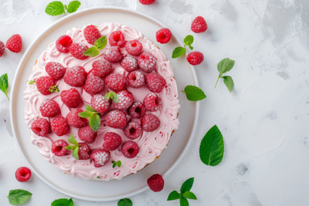 raspberry cake with raspberries, in the style of light pink.の素材