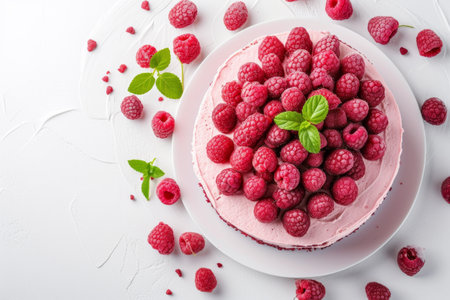 raspberry cake with raspberries, in the style of light pink.の素材